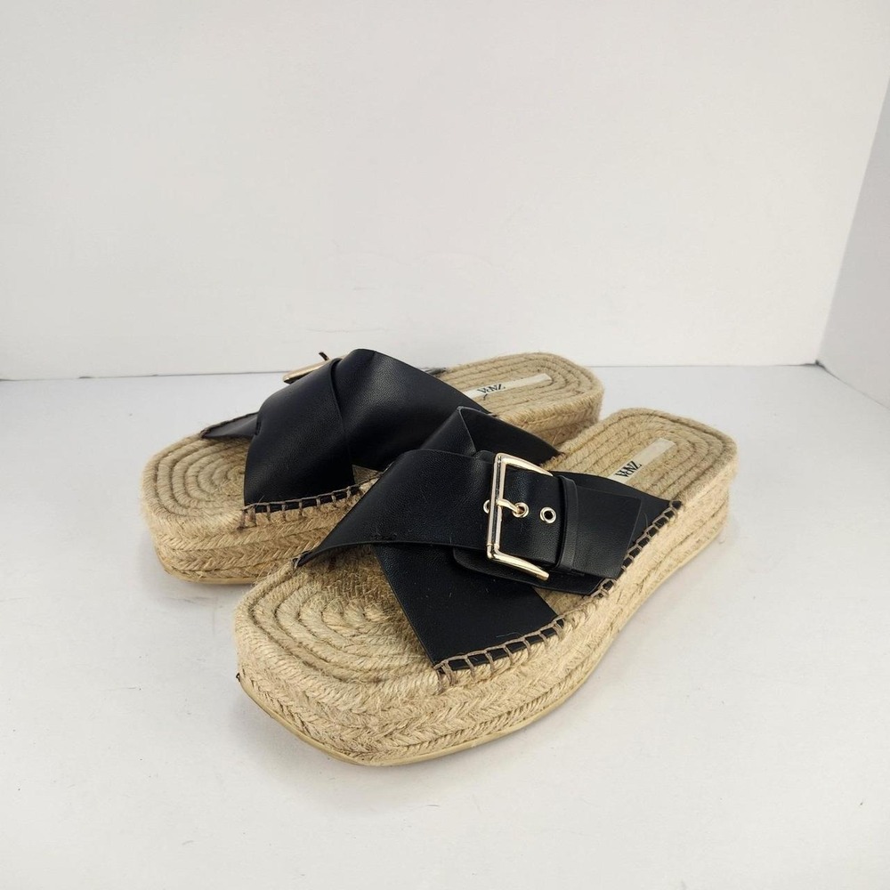 Zara Women's Size 39 Black Cross Strap Espadrille Platform Slide Sandals Gold